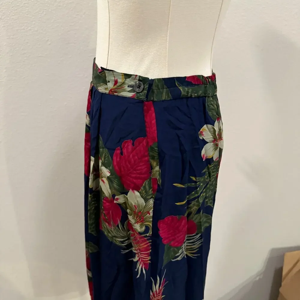 Vintage Alfred Dunner Silk Dark Navy Blue Tropical Floral Midi Skirt Size 12